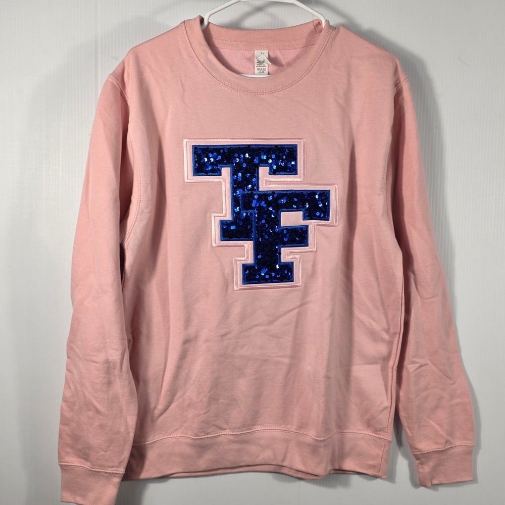 Just Hoods AWDis Pink Sequin TF Varsity Crewneck Sweatshirt Womens Medium JHA030 - Picture 2 of 7